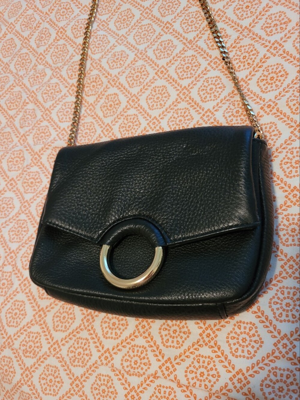 Vince Camuto Black Leather Crossbody with Gold Ring Accent